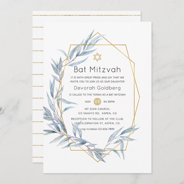 Blue und Gold Geometric Eucalyptus Bat Mitzvah Einladung (Vorne/Hinten)
