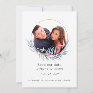 Blue und Gold Geometric Eukalyptus Leaf Wedding Save The Date