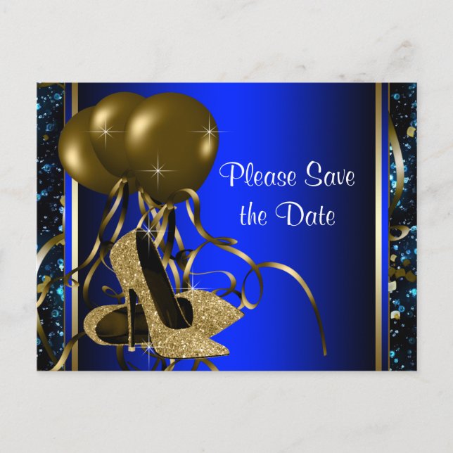 Blue und Gold High Heel Shoe Save the Date Ankündigungspostkarte (Vorderseite)