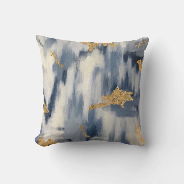 Blue und Gold Ikat Abstrakt Kissen (Vorderseite)