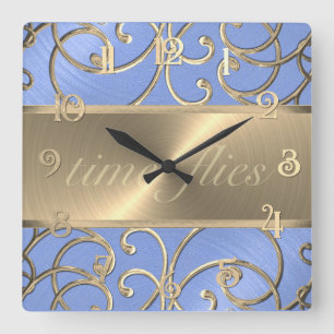 Blue und Gold Time Flock Quadratische Wanduhr