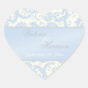 Blue und Ivory Damask Heart Shaped Wedding Sticker