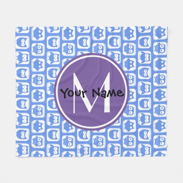 Blue und Lilac Owl Custom Monogram Personalisiert  Fleecedecke (Vorderseite (Horizontal))