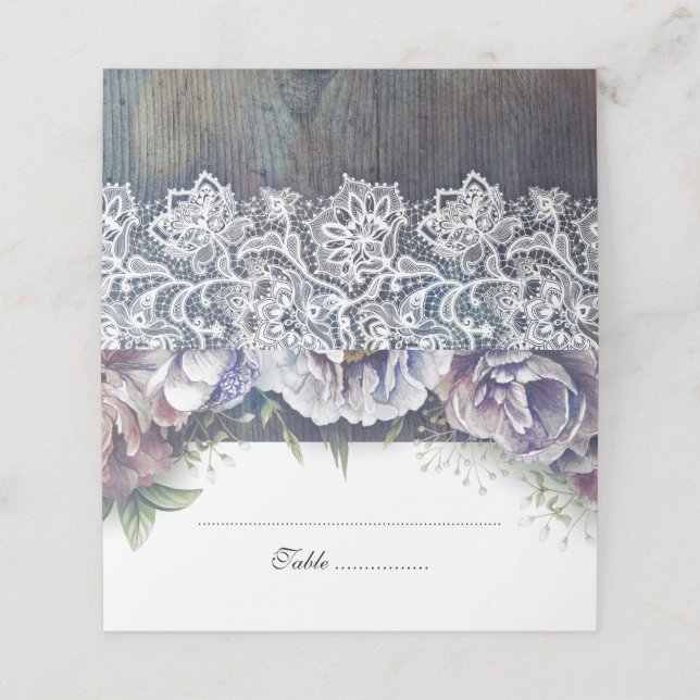 Blue und Maroon Rustic Floral Wedding Platzkarte (Außenseite Aufgefaltet)
