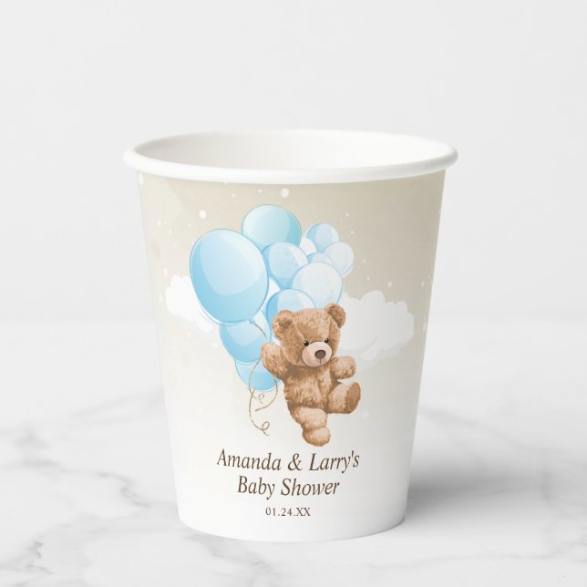 Blue und Tan Teddy Bear mit Balloons Pappbecher (Vorderseite)