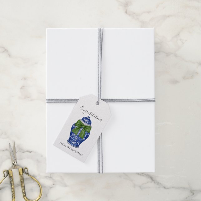 Blue und White Ginger Jar mit Green Bow Geschenkanhänger (Mit Garn)