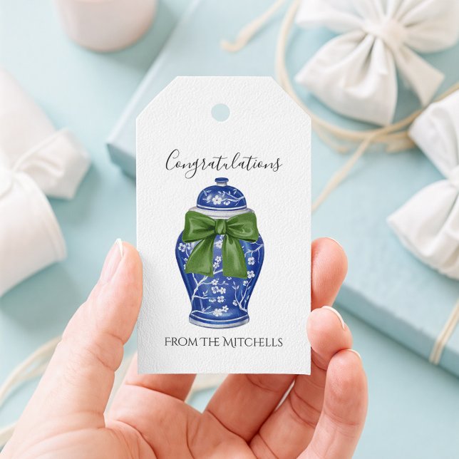 Blue und White Ginger Jar mit Green Bow Geschenkanhänger (Ginger Jar Blue Gift Tag)