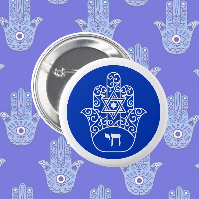 Blue und White Hebrew Chai Hamsa Button (Von Creator hochgeladen)