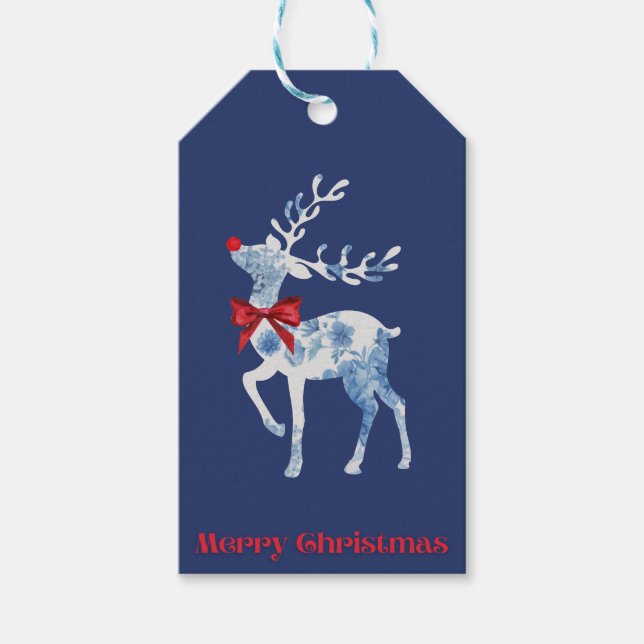 Blue und White Rudolph Gift Tag Geschenkanhänger (Vorderseite)