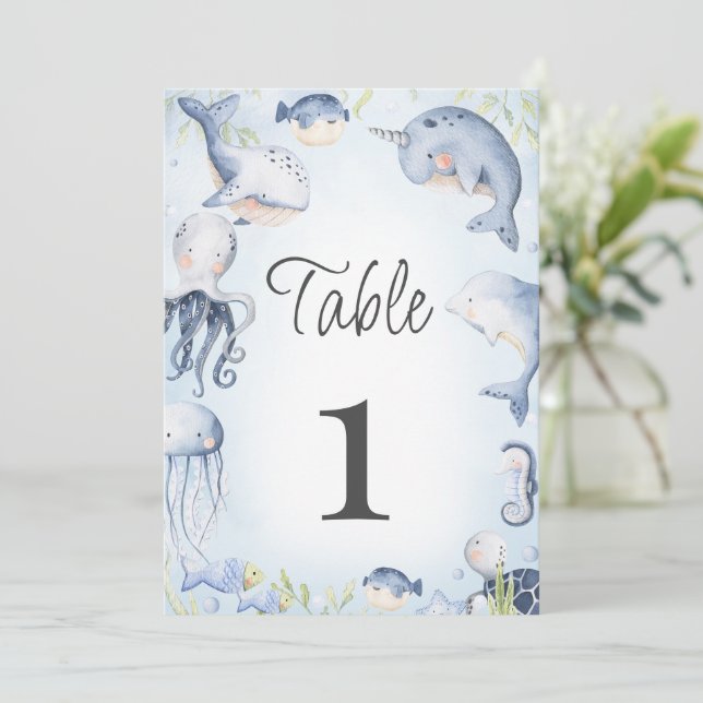 Blue Under Sea Boys Baby Shower Tischnummer (Stehend Vorderseite)