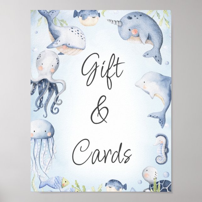 Blue Under Sea Creatures Baby Shower Sign Poster (Vorne)