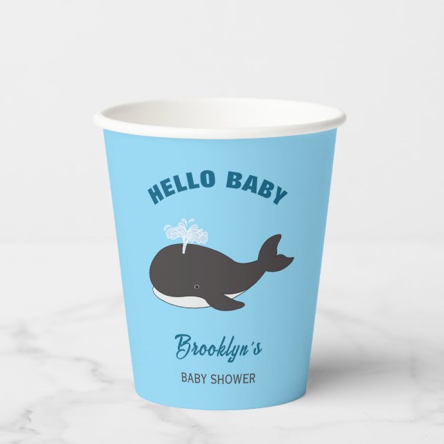 Blue Under Sea Hello Baby Shower Gray Whale Pappbecher (Vorderseite)