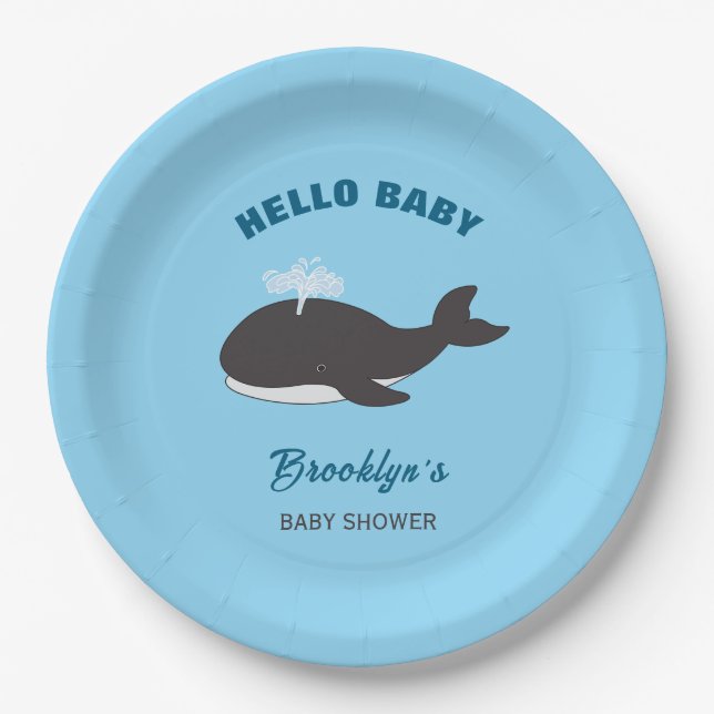 Blue Under Sea Hello Baby Shower Gray Whale Pappteller (Vorderseite)