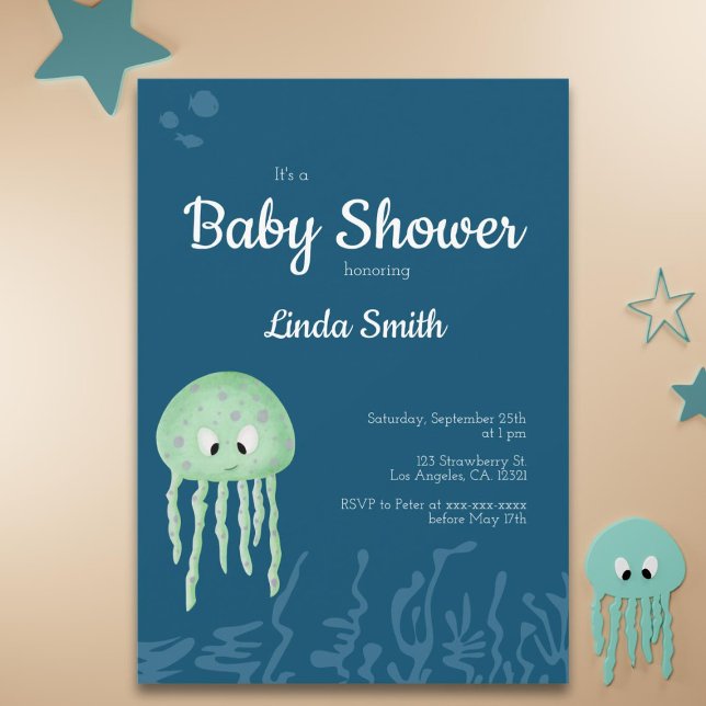 Blue Under Sea Jellyfish Boy Baby Shower Einladung (Von Creator hochgeladen)
