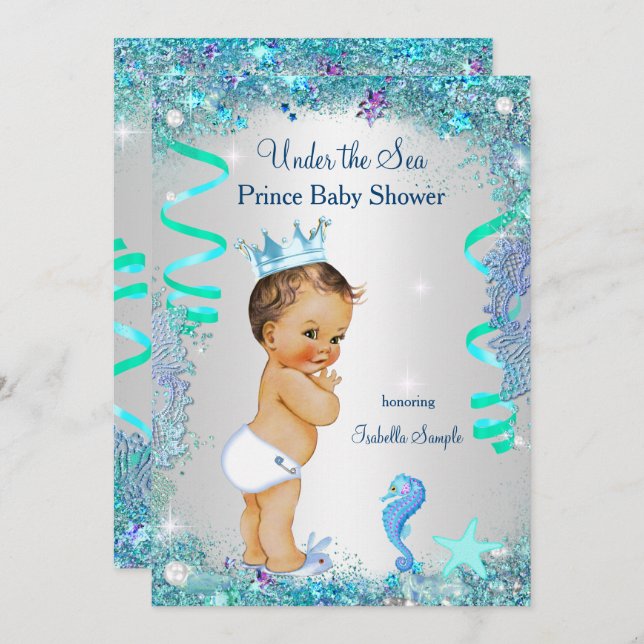 Blue under Sea Prince Baby Dusche Brünetter Junge Einladung (Vorne/Hinten)