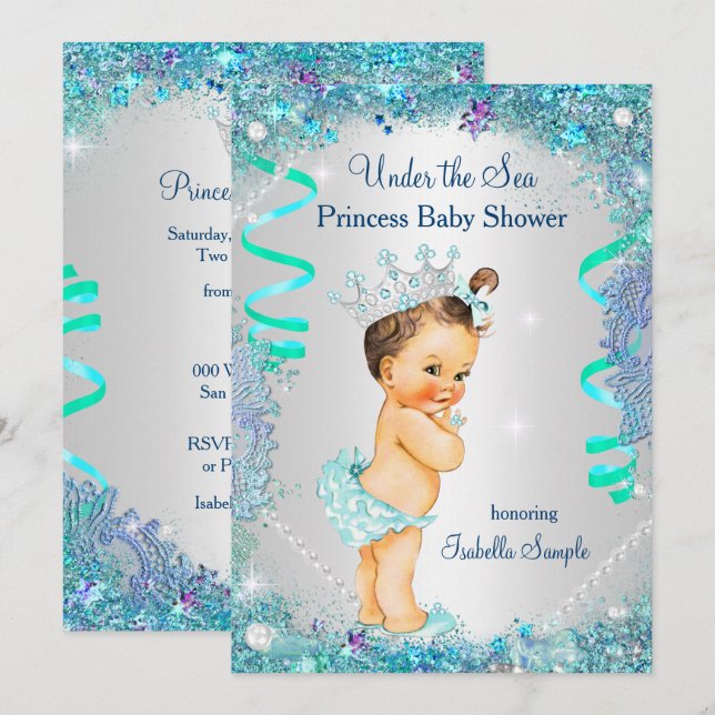 Blue Under Sea Princess Baby Shower Brünett Einladung (Vorne/Hinten)