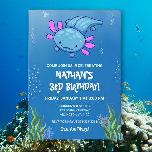 Blue Underwater Axolotl Kids Boys Fun Geburtstag Einladung