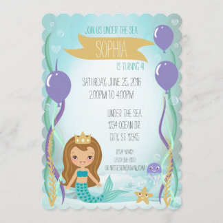 Blue Underwater Mermaid Princess Brown Einladung
