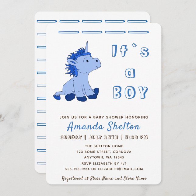 Blue Unicorn Baby Boy Shower Einladungskarte Einladung (Vorne/Hinten)