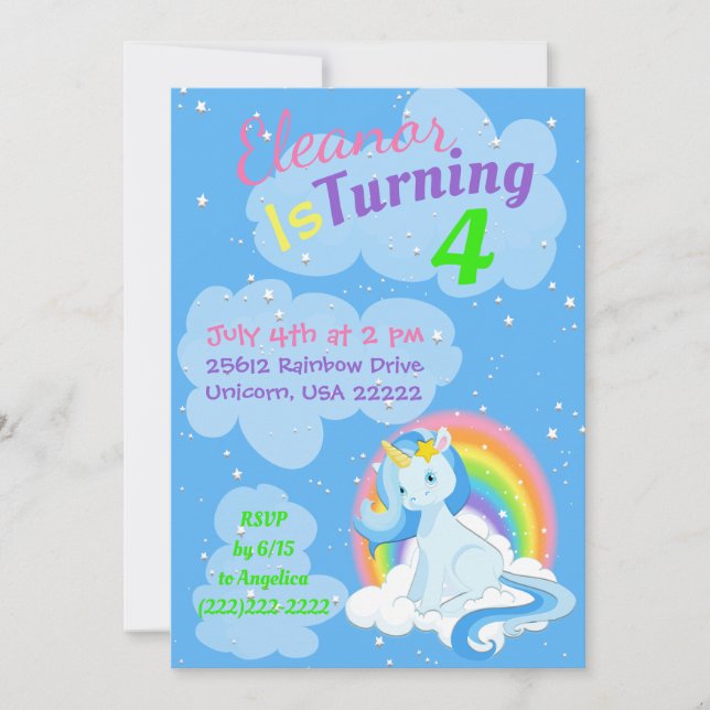 Blue Unicorn Magical Rainbows Bunte Geburtstag Einladung