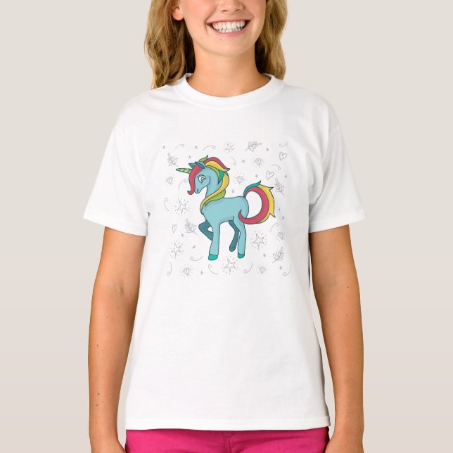 Blue Unicorn mit Doodles T-Shirt (Vorderseite)