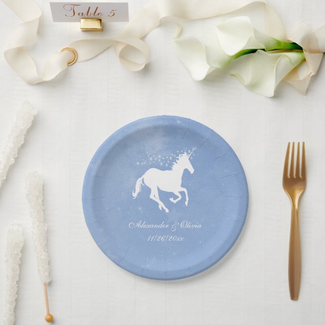 Blue Unicorn Wedding Paper Plate Pappteller (Hochzeit)