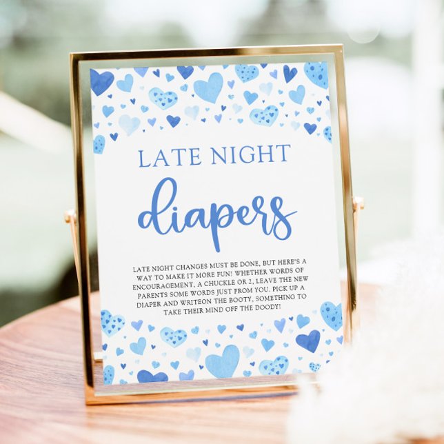 Blue Valentine Spate Night Diapers Baby Dusche Poster (Watercolor Cute Blue Hearts Valentine Sweetheart Baby Boy Late Night Diapers Baby Shower Game Sign)