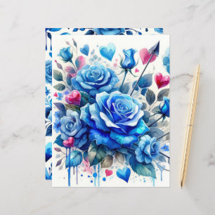 Blue Valentine Watercolor Scrapbook Paper