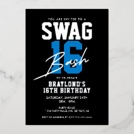 Blue Varsity Style Swag 16 Geburtstag Folieneinladung