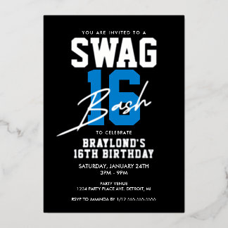 Blue Varsity Style Swag 16 Geburtstag Folieneinladung