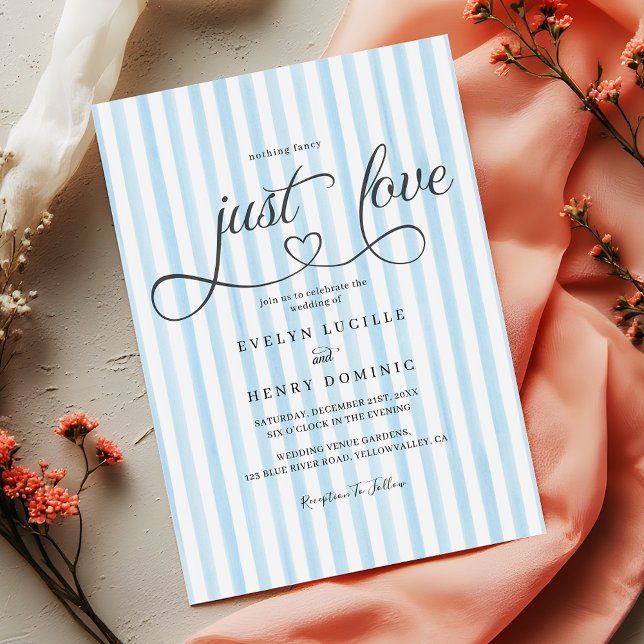 Blue vertical stripes Modern Script Heart Wedding Einladung (Von Creator hochgeladen)