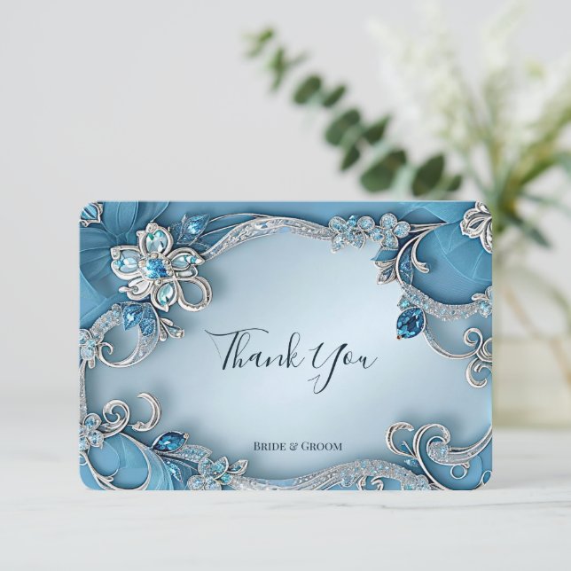 Blue Verziert Floral Dankeschön Card Dankeskarte (Stehend Vorderseite)