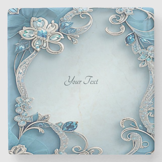Blue Verziert Floral Stone Untersetzer (Vorderseite)