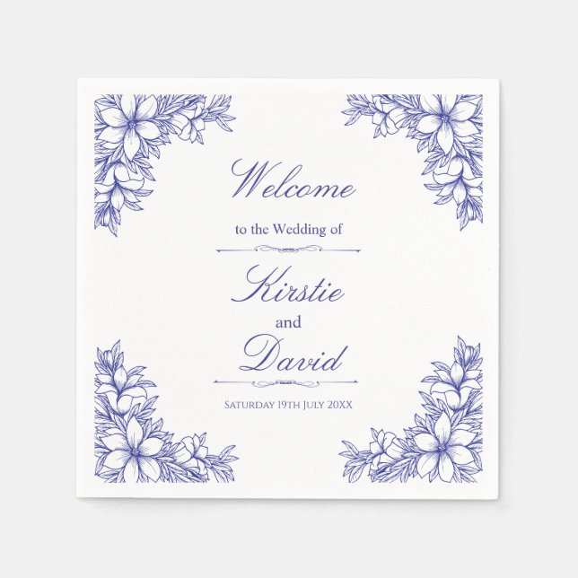 Blue Verziert Floral Wedding Serviette (Vorderseite)