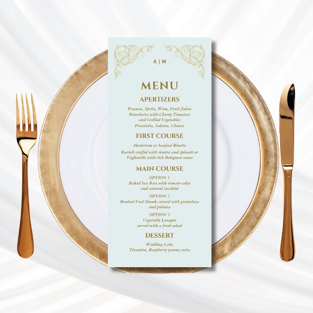 Blue Verziert Monogram Baroque Wedding Menu Menükarte (Von Creator hochgeladen)