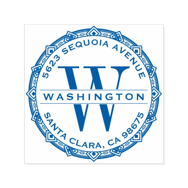 Blue Verziert Monogram Family Name Rücksendeadress Permastempel (Design)