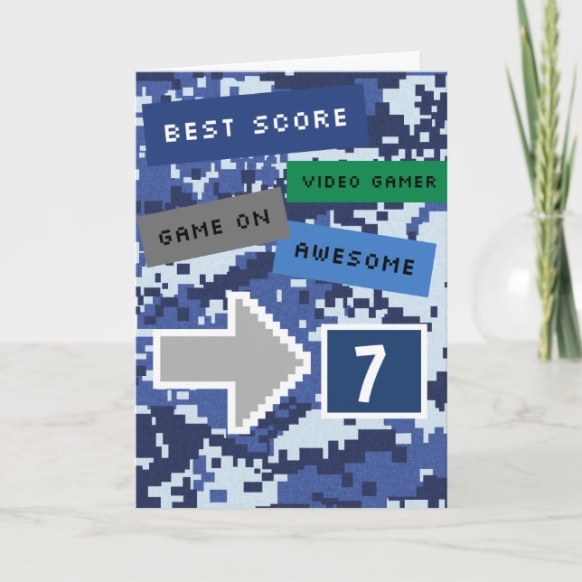 Blue Video Gamer 7th Birthday Karte (Vorderseite)