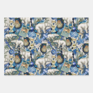 Blue Viktorianisch Christmas Collage Geschenkpapier Set