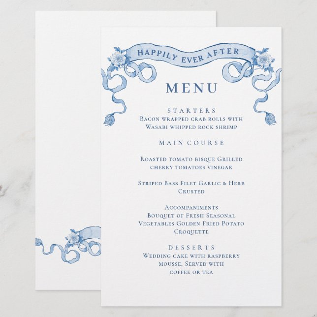 Blue Viktorianisch Verziert Grace Dinner Menu (Vorne/Hinten)