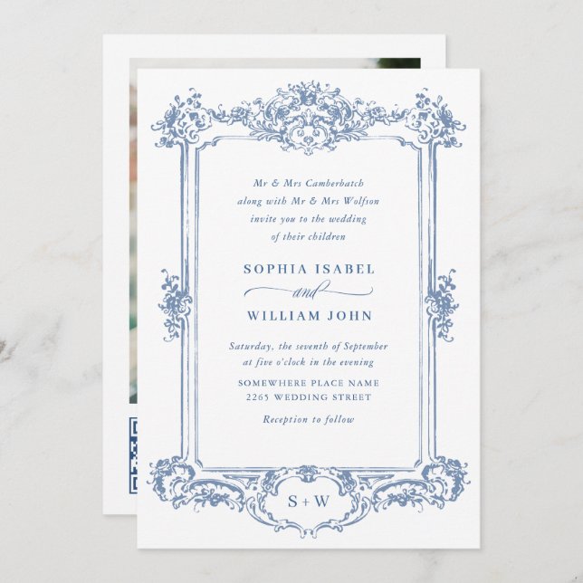 Blue Viktorianisch Verziert Grace Floral Wedding Q Einladung (Vorne/Hinten)