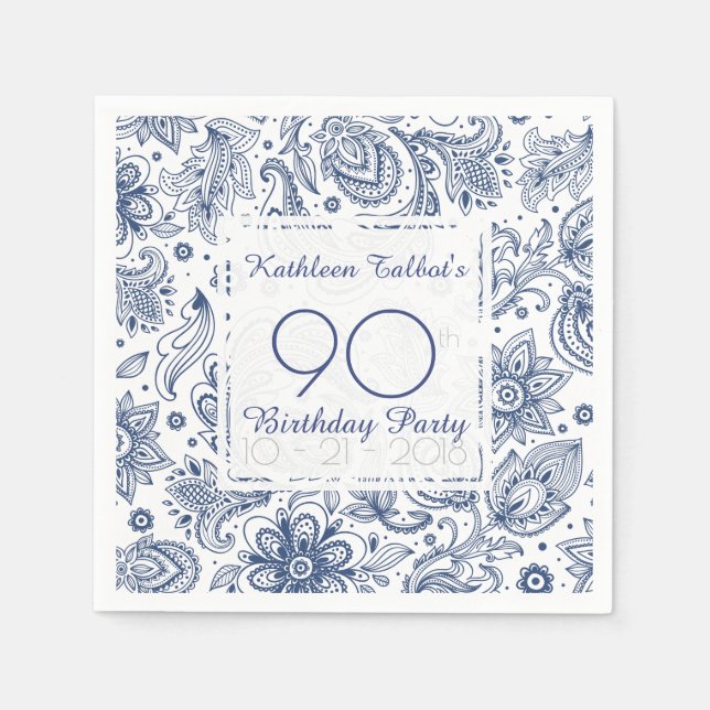 Blue Vintag 90. Geburtstagsparty Paper Napkin Serviette (Vorderseite)