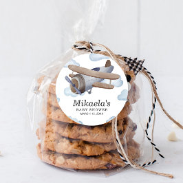 Blue Vintag Airplane Babydusche Vielen Dank Runder Aufkleber