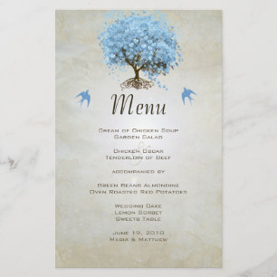 Blue Vintag Bird Heart Leaf Tree Wedding Menu