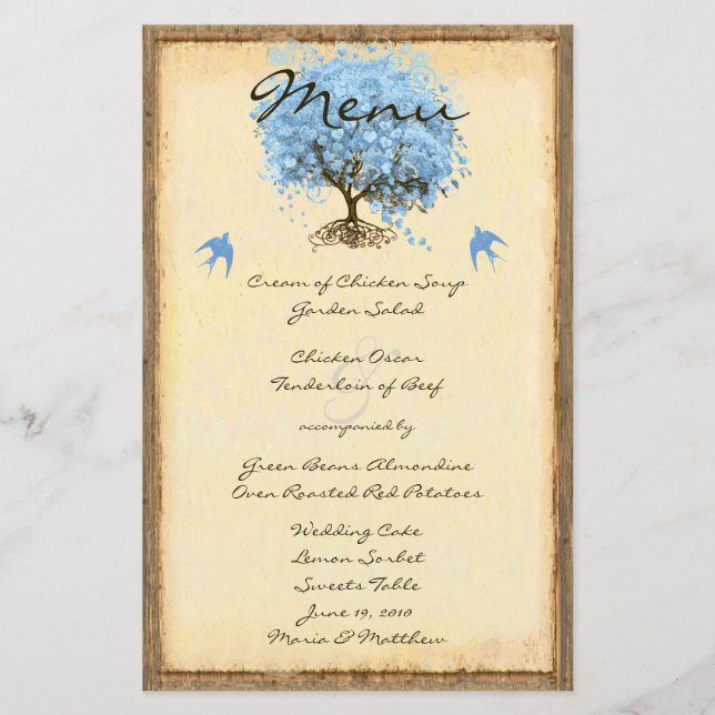 Blue Vintag Bird Heart Leaf Tree Wedding Menu (Vorderseite)
