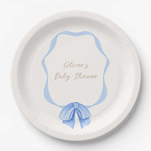 Blue Vintag Bow Ribbon Boy Baby Dusche Pappteller (Vorderseite)