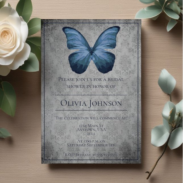 Blue Vintag Butterfly Damask Brautparty Einladung (Blue Vintage Butterfly Damask Bridal Shower Invitation)