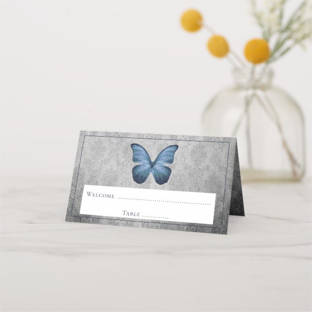 Blue Vintag Butterfly Damask Empfang Platzkarte (Vorderseite)