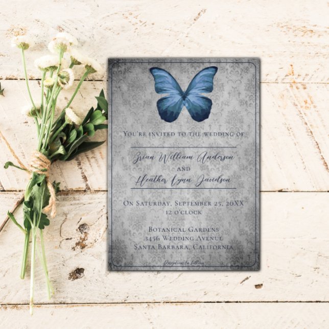 Blue Vintag Butterfly Damask Hochzeit Einladung (Blue Vintage Butterfly Damask Wedding Invitation)