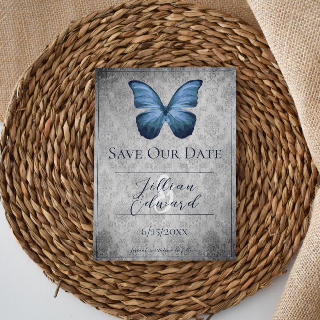Blue Vintag Butterfly Damask Save the Date Ankündigung (Blue Vintage Butterfly Damask Save the Date)