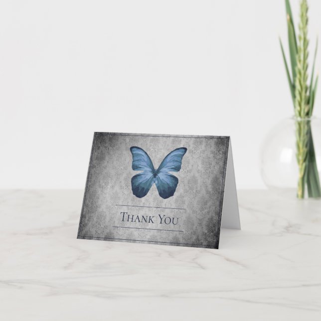 Blue Vintag Butterfly Damask Wedding Danke (Vorderseite)